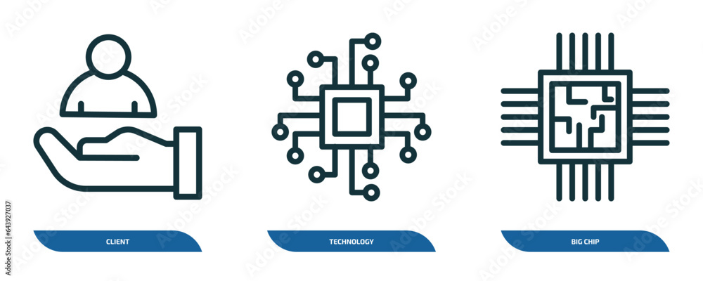 Poster set of 3 linear icons from technology concept. outline icons such as client, technology, big chip ve