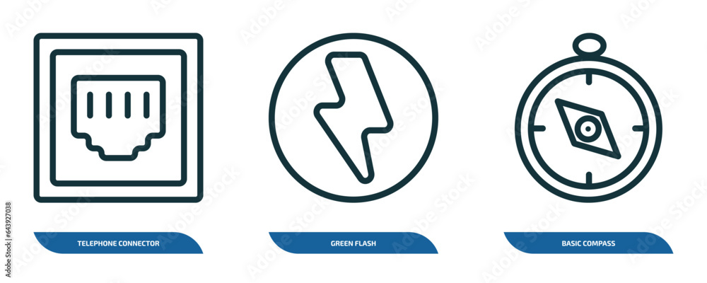 Poster set of 3 linear icons from technology concept. outline icons such as telephone connector, green flas
