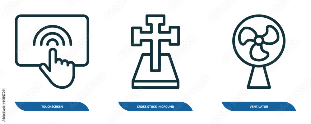 Poster set of 3 linear icons from technology concept. outline icons such as touchscreen, cross stuck in gro