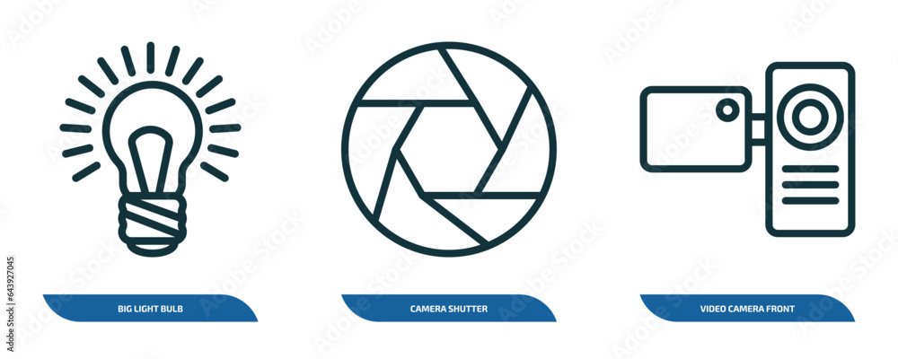 Aufkleber set of 3 linear icons from technology concept. outline icons such as big light bulb, camera shutter,