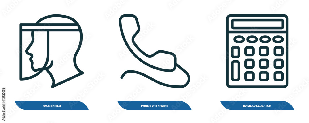 Poster set of 3 linear icons from technology concept. outline icons such as face shield, phone with wire, b