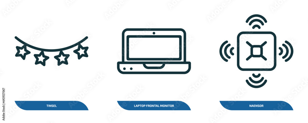 Poster set of 3 linear icons from technology concept. outline icons such as tinsel, laptop frontal monitor,