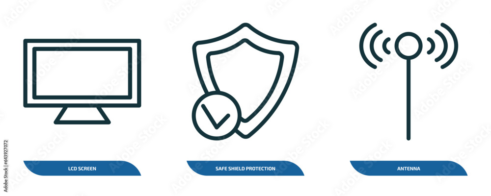Poster set of 3 linear icons from technology concept. outline icons such as lcd screen, safe shield protect