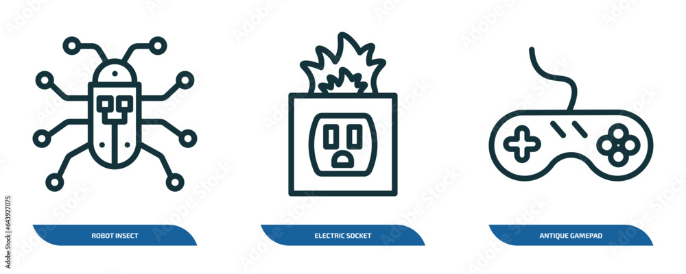 Poster set of 3 linear icons from technology concept. outline icons such as robot insect, electric socket o