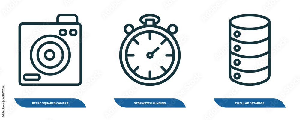 Poster set of 3 linear icons from technology concept. outline icons such as retro squared camera, stopwatch