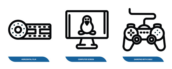 set of 3 linear icons from technology concept. outline icons such as horizontal film strip, computer screen linux, gamepad with cable vector