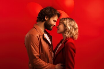 St Valentines day concept. Close-up photo of a stylish young couple on a red background.