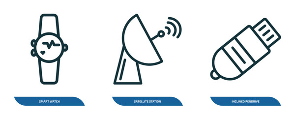 Fototapeta premium set of 3 linear icons from technology concept. outline icons such as smart watch, satellite station, inclined pendrive vector