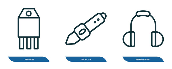 set of 3 linear icons from technology concept. outline icons such as transistor, digital pen, big headphones vector