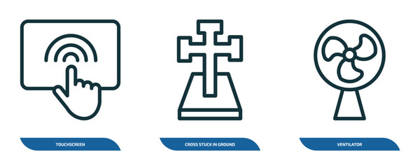 set of 3 linear icons from technology concept. outline icons such as touchscreen, cross stuck in ground, ventilator vector