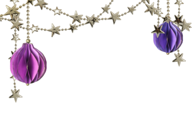 Christmas garlands with stars and beads and craft paper decorations in a holiday top border arrangement isolated on white or transparent background