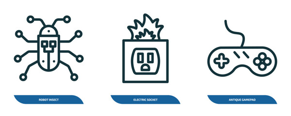 set of 3 linear icons from technology concept. outline icons such as robot insect, electric socket on fire, antique gamepad vector