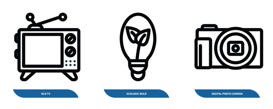 set of 3 linear icons from technology concept. outline icons such as old tv, ecologic bulb, digital photo camera vector