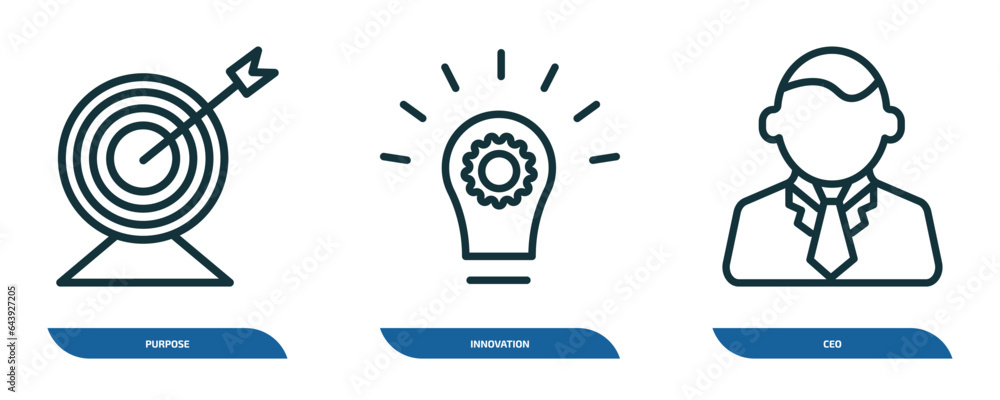 Poster set of 3 linear icons from startup stategy and concept. outline icons such as purpose, innovation, c