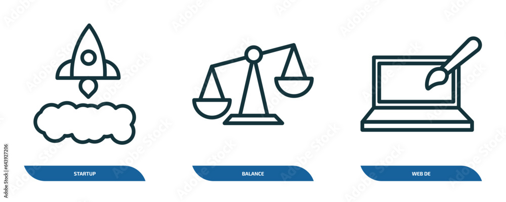 Poster set of 3 linear icons from startup stategy and concept. outline icons such as startup, balance, web 