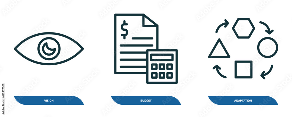 Poster set of 3 linear icons from startup stategy and concept. outline icons such as vision, budget, adapta