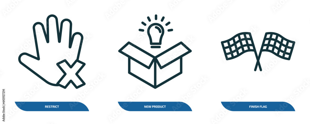 Poster set of 3 linear icons from startup stategy and concept. outline icons such as restrict, new product,