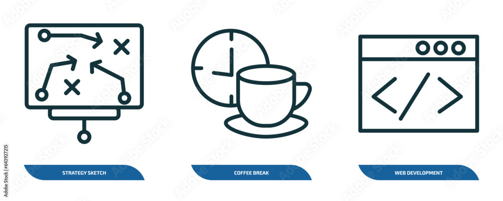 Poster set of 3 linear icons from startup stategy and concept. outline icons such as strategy sketch, coffe