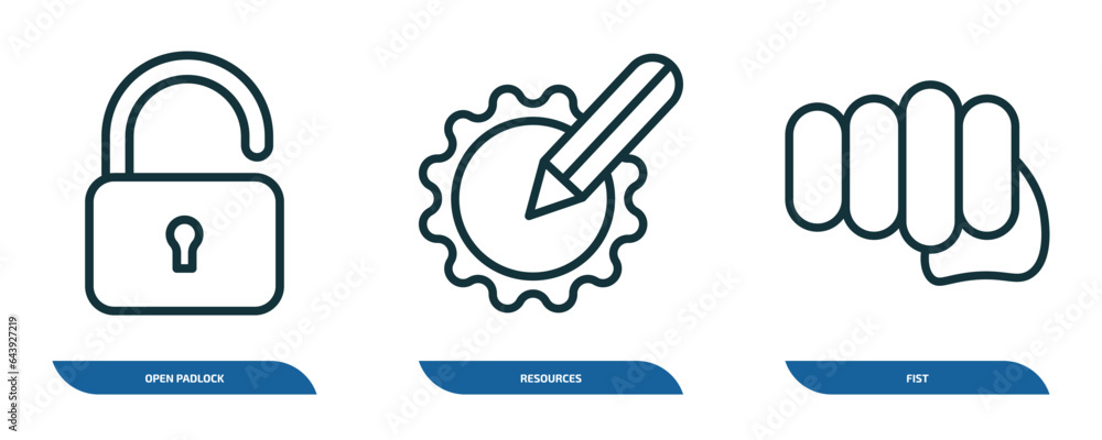 Aufkleber set of 3 linear icons from success concept. outline icons such as open padlock, resources, fist vect