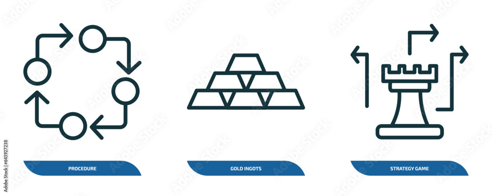 Poster set of 3 linear icons from startup stategy and concept. outline icons such as procedure, gold ingots