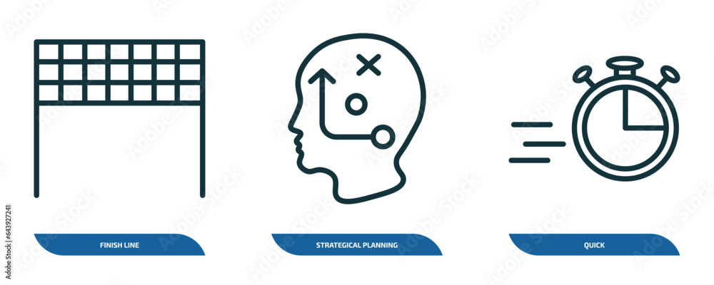 Aufkleber set of 3 linear icons from startup stategy and concept. outline icons such as finish line, strategic