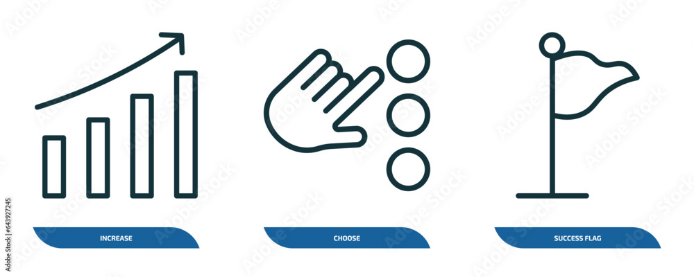 Poster set of 3 linear icons from startup stategy and concept. outline icons such as increase, choose, succ