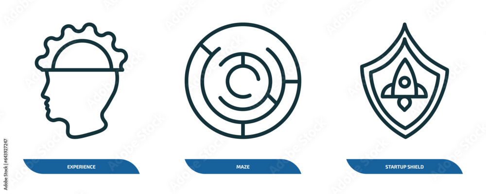 Poster set of 3 linear icons from startup stategy and concept. outline icons such as experience, maze, star