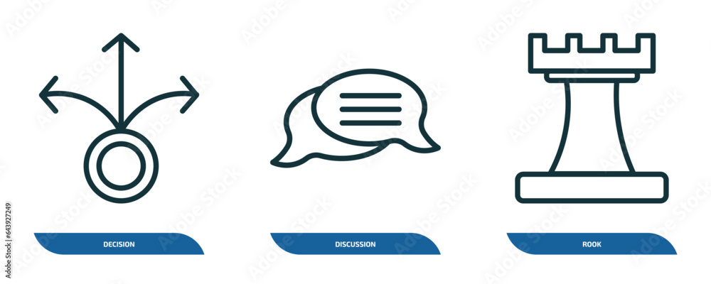 Poster set of 3 linear icons from startup stategy and concept. outline icons such as decision, discussion, 