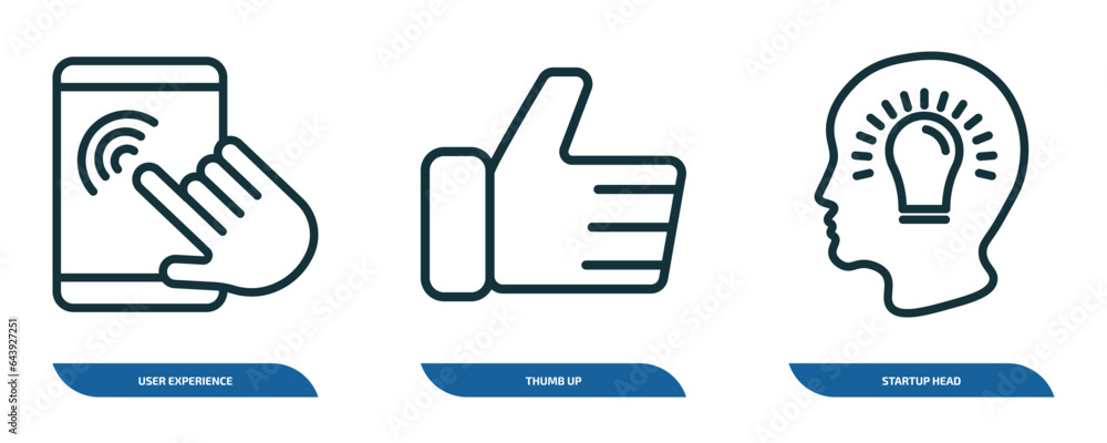 Poster set of 3 linear icons from startup stategy and concept. outline icons such as user experience, thumb