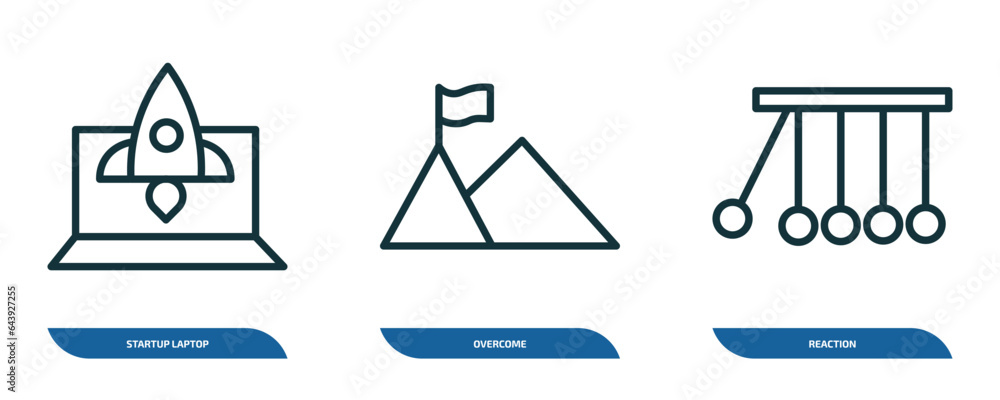 Poster set of 3 linear icons from startup stategy and concept. outline icons such as startup laptop, overco