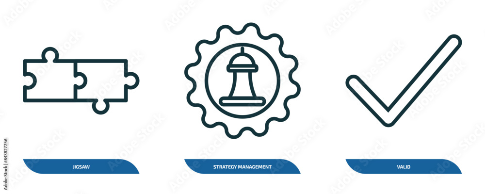 Aufkleber set of 3 linear icons from startup stategy and concept. outline icons such as jigsaw, strategy manag