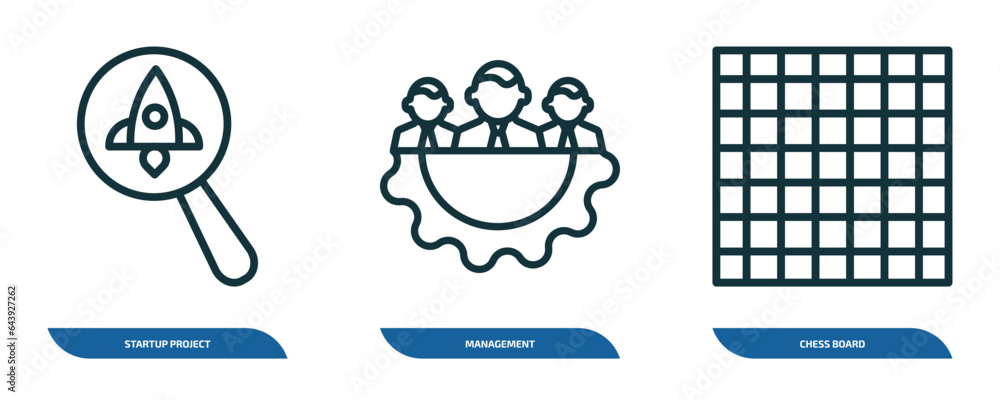 Poster set of 3 linear icons from success concept. outline icons such as startup project search, management