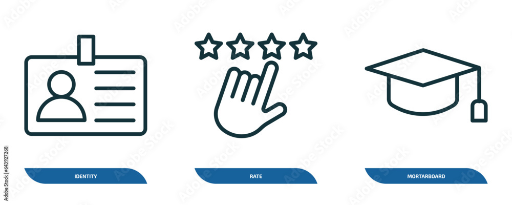 Poster set of 3 linear icons from success concept. outline icons such as identity, rate, mortarboard vector