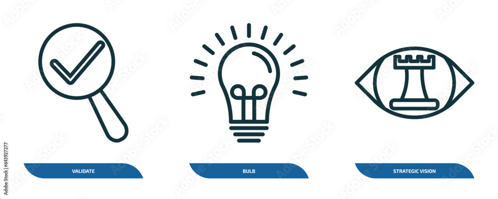 Poster set of 3 linear icons from startup stategy and concept. outline icons such as validate, bulb, strate