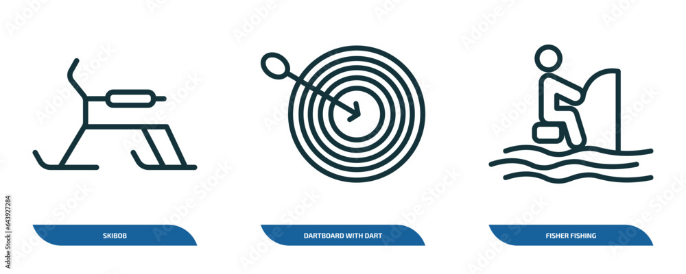 Poster set of 3 linear icons from sports concept. outline icons such as skibob, dartboard with dart, fisher