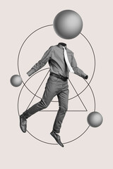 Collage black white gamma picture of weird unusual faceless guy fly air no hands head isolated on...