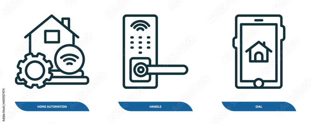 Poster set of 3 linear icons from smart home concept. outline icons such as home automation, handle, dial v