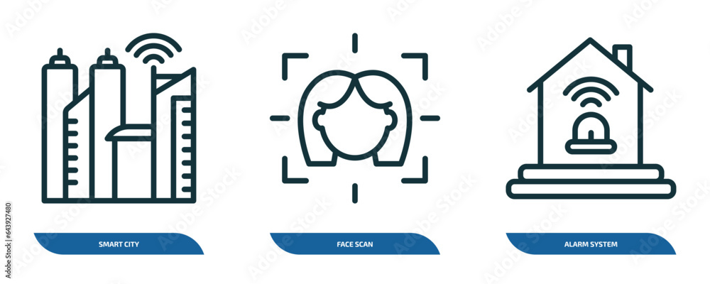Poster set of 3 linear icons from smart home concept. outline icons such as smart city, face scan, alarm sy