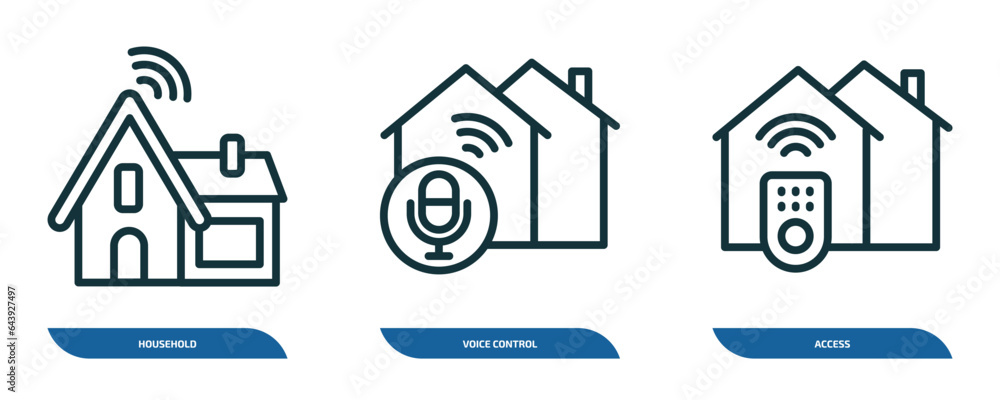 Poster set of 3 linear icons from smart home concept. outline icons such as household, voice control, acces