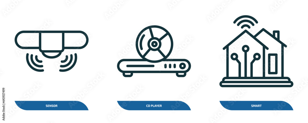 Poster set of 3 linear icons from smart home concept. outline icons such as sensor, cd player, smart vector