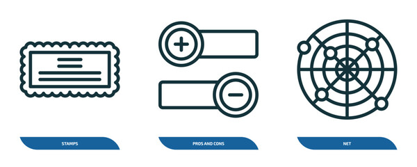 set of 3 linear icons from social media marketing concept. outline icons such as stamps, pros and cons, net vector