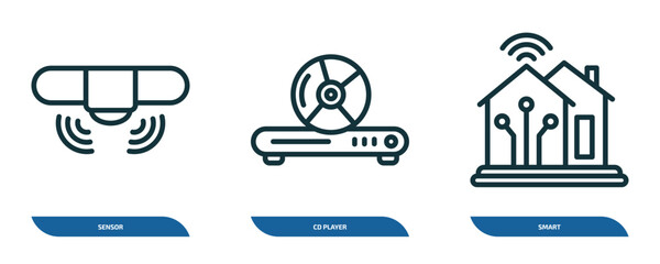 set of 3 linear icons from smart home concept. outline icons such as sensor, cd player, smart vector