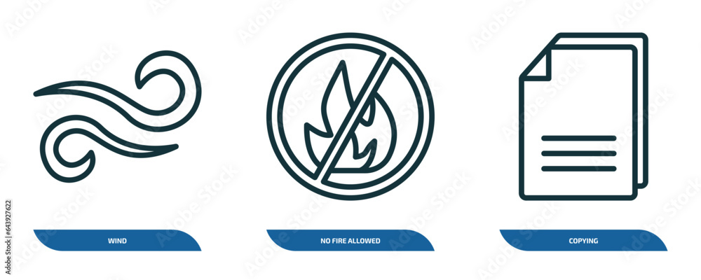 Poster set of 3 linear icons from signs concept. outline icons such as wind, no fire allowed, copying vecto