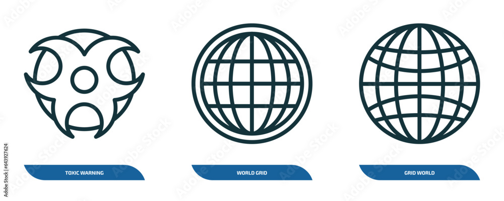 Poster set of 3 linear icons from signs concept. outline icons such as toxic warning, world grid, grid worl