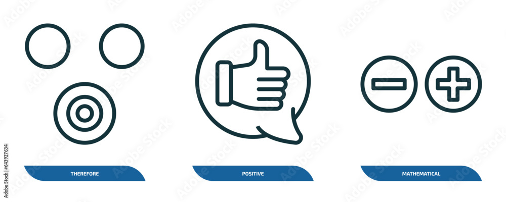 Poster set of 3 linear icons from signs concept. outline icons such as therefore, positive, mathematical ve