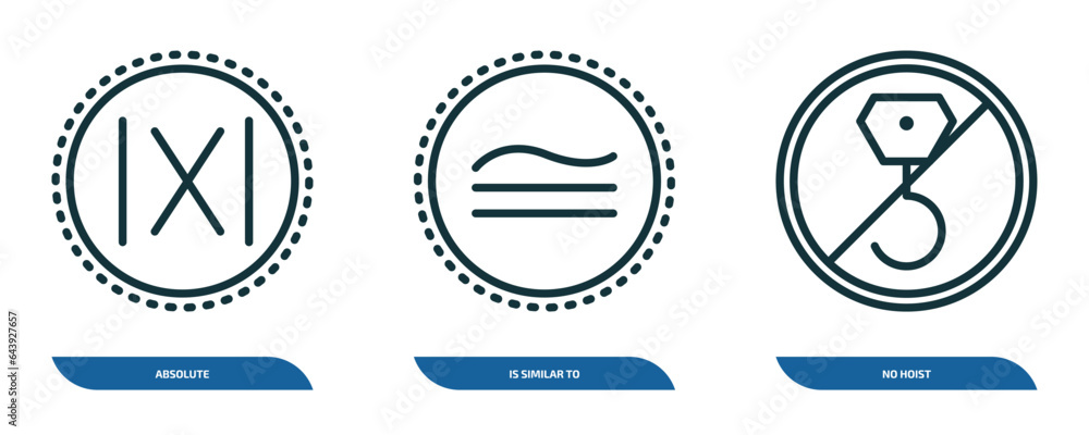 Poster set of 3 linear icons from signs concept. outline icons such as absolute, is similar to, no hoist ve
