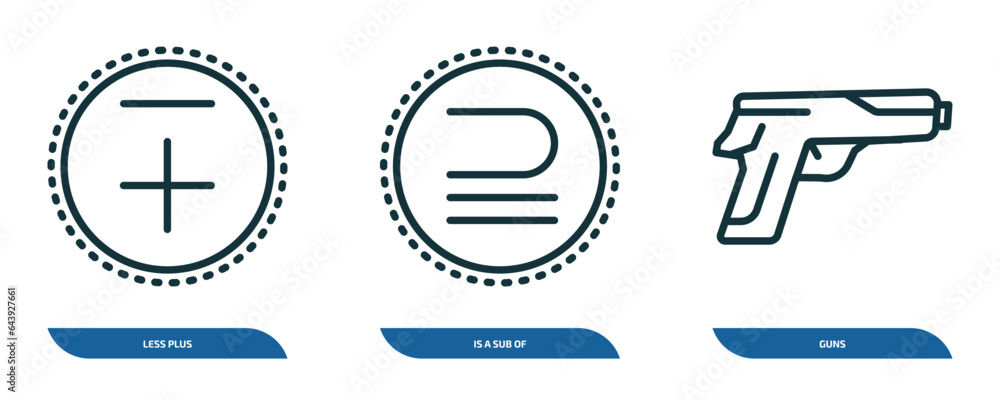 Poster set of 3 linear icons from signs concept. outline icons such as less plus, is a sub of, guns vector