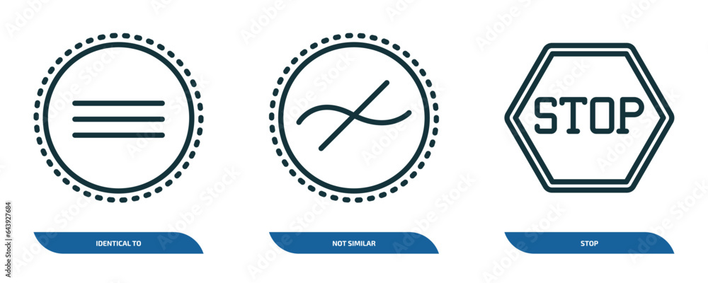 Aufkleber set of 3 linear icons from signs concept. outline icons such as identical to, not similar, stop vect