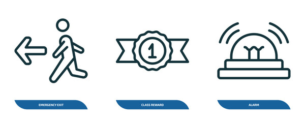 set of 3 linear icons from signs concept. outline icons such as emergency exit, class reward, alarm vector