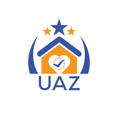 UAZ House logo Letter logo and star icon. Blue vector image on white background. KJG house Monogram home logo picture design and best business icon. 
